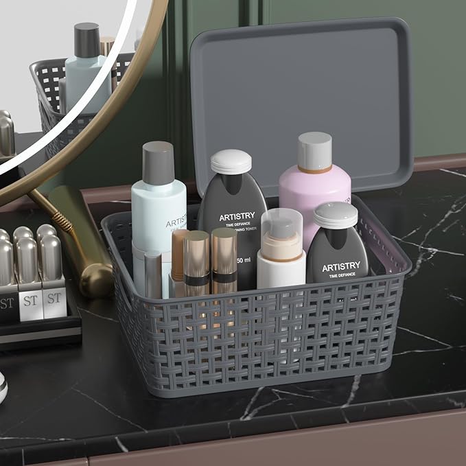 6-Pack Small Plastic Woven Storage Basket with Lid, Stackable Organizer Basket Bin, Grey