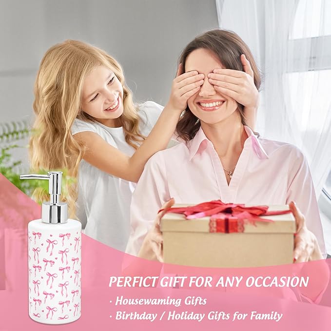 Pink Bow Soap Dispenser Refillable Soap Container Watercolor Bow Mini Heart Glass Soap Dispenser with Pump for Bathroom Kitchen Countertop Decor