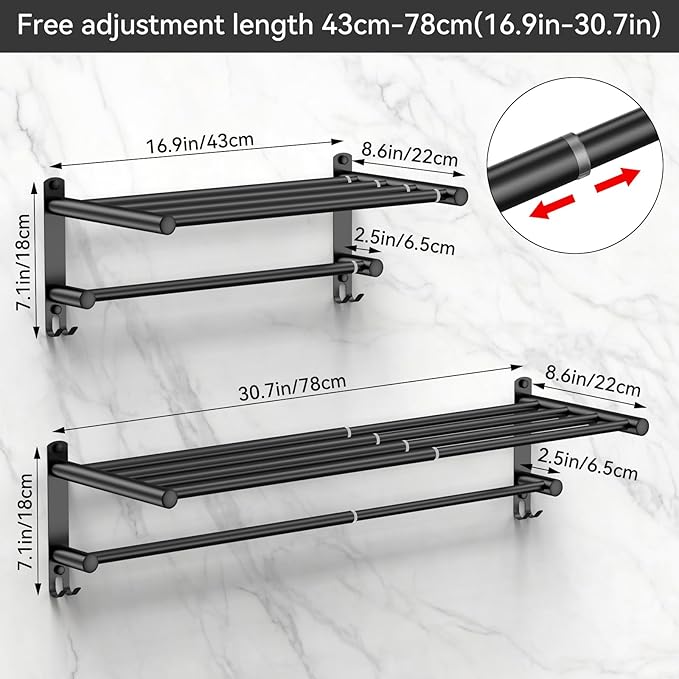 CAXIMSY Black Adjustable Towel Bar for Bathroom Wall Mount17-30.7inch Adhesive Shower Towel Rack Stainless Steel Bath Towel Holders for Toilet Kitchen Double Towel Hanger (Black 2-Layer Towel Rack)