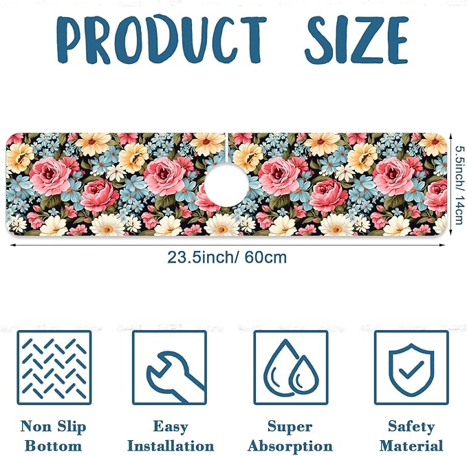 Colorful Flowers Sink Faucet Absorbing Mat Vintage Floral Super Absorbent Fast Drying Mat Sink Gadgets Behind Faucet Sinkmat for Kitchen Bathroom, 23.5"x5.5"