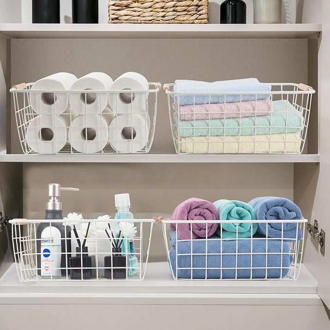 Wire Basket 2 Pcs Wire Storage Baskets Wire Baskets Organizing with Wooden Handles Wire Basket Pantry Organization and Storage Metal Wire Food Storage Basket for Kitchen, Cabinets (White 2PCS)