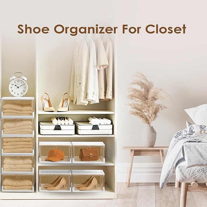 Thicken & Sturdy Clear Shoe Boxes with Magnetic Door, 3 Pack Stackable Multi-functional Shoe Storage, Shoe Organizer for Closet, Space Saving, 360 ° Dustproof & Moisture-proof, Fits Up to US Size 13