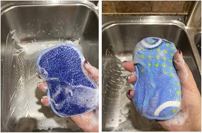 Microfiber Double Sided Scrub & Wipe Sponge Pad for Kitchen & Bath - Safe on Dishes, Sink & Non-Stick Cookware - Reusable Machine Washable Durable & Long Lasting (6pc)