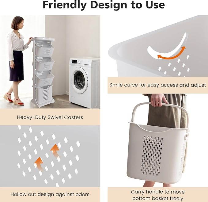 4-Tier Laundry Hamper Sorter, Vertical Rolling Laundry Baskets with Wheels Removable, Stackable Laundry Cart Organizer and Storage for Small Space, Dorm, Closet, Bathroom
