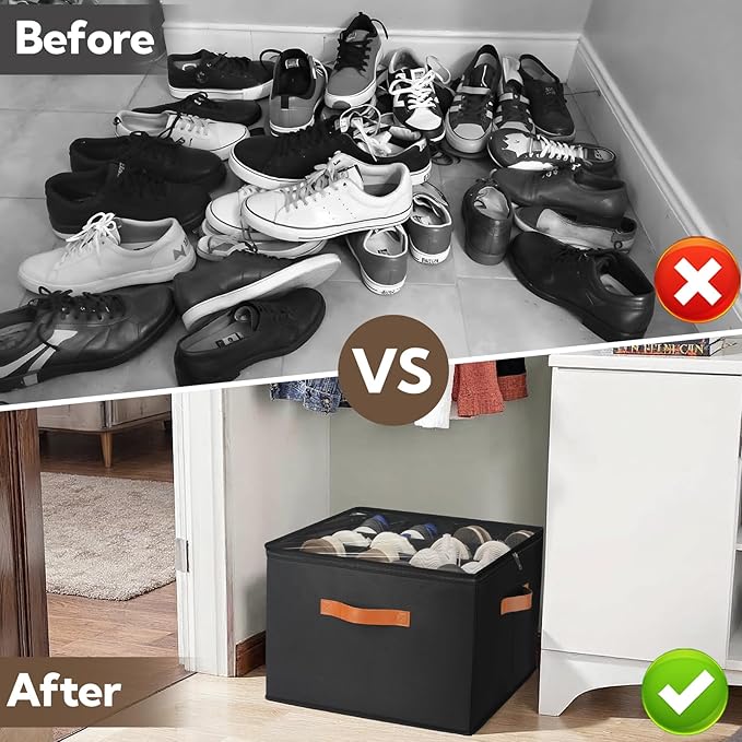 2 Pack Shoe Organizer for Closet, Foldable Shoe Storage Bins with Clear Cover and Adjustable Dividers, Fits up to 16 Pairs, Large Shoe Box Storage Containers with Reinforced Handles (Black)