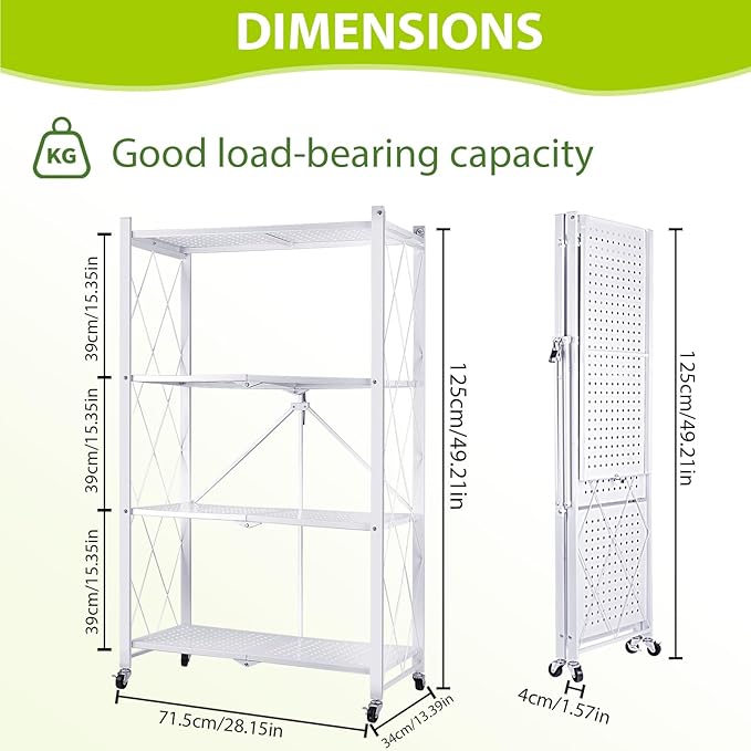 4-Tier Foldable Storage Shelf with Wheels, Metal Collapsible Shelving Unit, Heavy-Duty Rolling Cart for Kitchen Pantry Garage Office, Pre-Assembled Organizer Rack – White