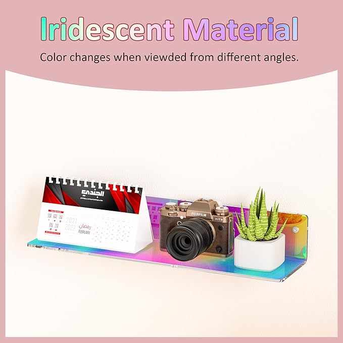 16 Inches Iridescent Acrylic Shelves, Wall Mounted Organizer Shelves for Bedroom, Clear Wall Storage Shelves for Cosmetics, Skincare, Router, Doll, Toiletries, Helmets, 2 Pack