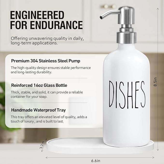 MOMEEMO Soap Dispenser for Kitchen Sink, White Soap Dispenser with Silver Metal Pump, Suitable for Kitchen Decor and Accessories. (White & Silver)