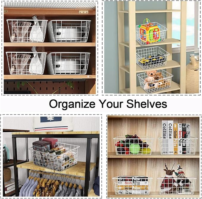 4 Pack White Wire Baskets for Organizing Office Wire Storage Basket White Metal Storage Baskets for Pantry Kitchen Bins Freezer