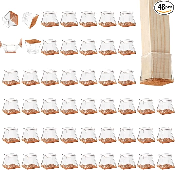 CHUNZEXI 48 Pack Square Chair Leg Floor Protectors for Hardwood Floors, Silicone Felt Covers Pads Caps, Protect Wood Furniture Feet Floors Noise Reduce and Scratch (Square Small & Clear)