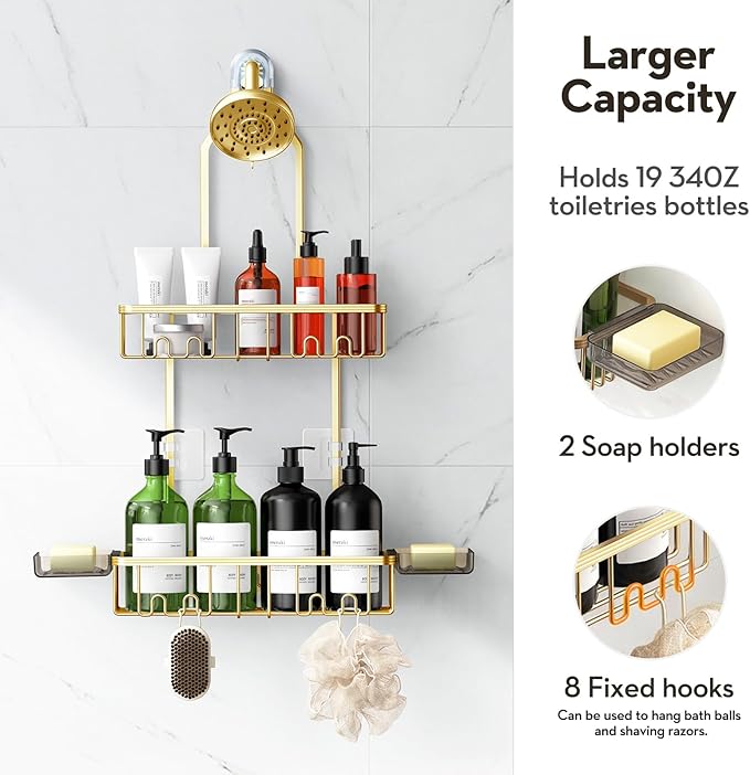 VALORDINE Shower Caddy Hanging, Shower Organizer Hanging, Aluminum Shower Racks for Inside Shower with Hooks for Razor, Never Rust Bathroom Organizers and Storage with Soap Holder, Gold