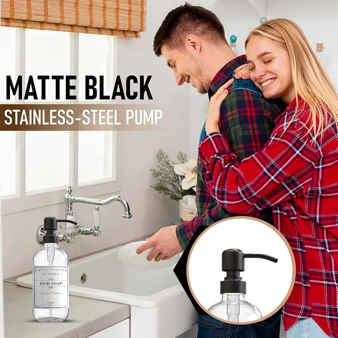2 Pack Clear Glass Soap Dispenser 16 OZ with Matte Black Stainless Steel Pump, Hand and Dish Soap Dispenser Set for Bathroom and Kitchen Sink with 6 Waterproof Labels
