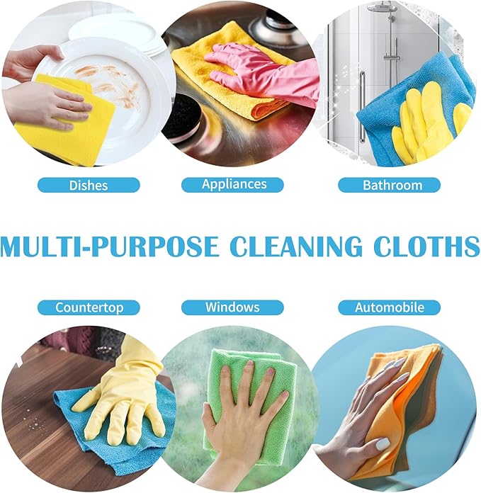 Microfiber Cleaning Cloth, 50 Pack Cleaning Rags with 5 Color Assorted, Absorbent and Lint Free Cleaning Cloth for Window, Household and Kitchen, 11"X11.5", (Blue/Yellow/Green/Orange/Red)