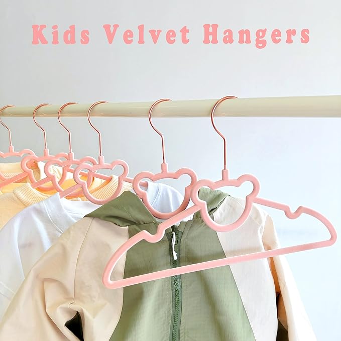 60 Pack Pink Velvet Baby and Kids Clothes Hangers - 12.6in for Ages 4-10, with Cute Bear, Rotating Rose Gold Hook, Non-Slip, Space-Saving Slim Felt Hangers for Toddler Coats, Jackets, Dresses