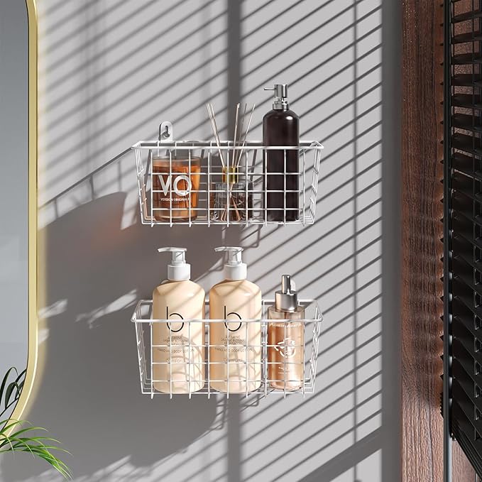 MaraFansie Hanging Wire Baskets Kitchen Storage Basket Adhesive and Screws Basket Over the Cabinet Door Organizer with Adhesive Strips and Screws Accessories, 2 Installations, 2 Pack, White