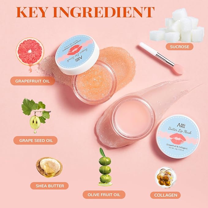 ANAI RUI Hydrating Lip Mask & Lip Scrub Set, Lip Overnight Treatment For A Softer & Smoother Pout, Lip Exfoliator Scrub and Moisturizer Set, Vegan & Cruelty-Free, Graperuit
