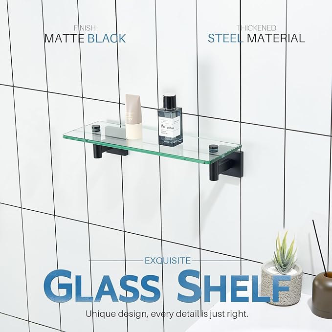 KOKOSIRI Bathroom Shelves Glass Floating Shelf 12-Inch for Bedroom, Living Room, Kitchen, Small Hanging Rack Rustproof Wall Mounted Black B1105BK-L12