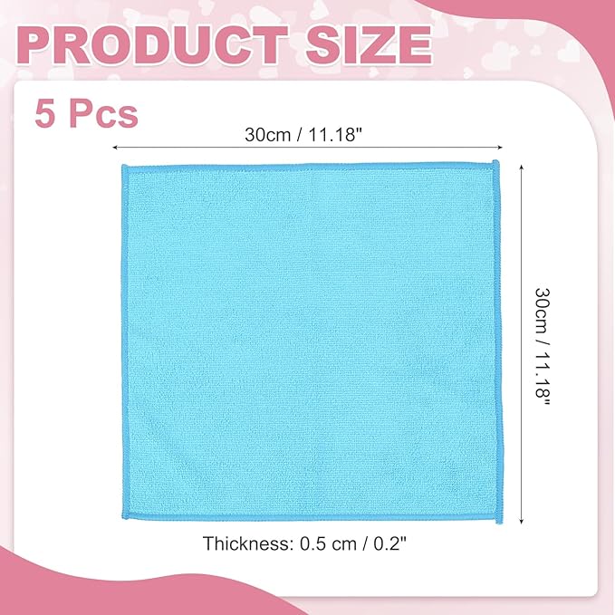 uxcell 5 Pcs Microfiber Cleaning Cloth, Kitchen Towels Reusable Microfiber Towels Highly Absorbent for Household Cleaning Supplies, Kitchen, Bathroom, Sky Blue(Square), 11.8" X11.8