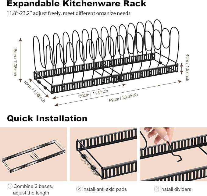 Housolution Pot and Pan Organizer Rack for Cabinet, Expandable Pot Lid Organizer Holder with 14 Adjustable Dividers, Fully Expanded Size 22.83" W x 7.09" D x 7.09" H, Black