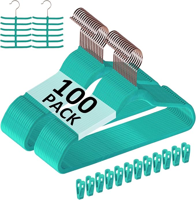 VECELO Premium Velvet Clothes Hangers Suit Heavy Duty (100 Pack)-Non Slip & Space-Saving with 12 Finger Clips & 2Tie Rack Excellent for Men and Women,Teal