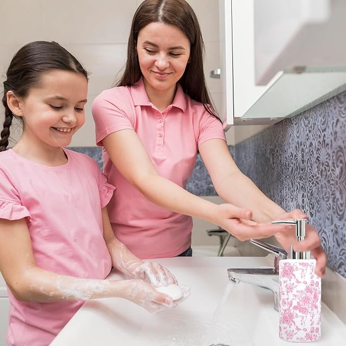 JarThenaAMCS Pink Floral Soap Dispenser Glass Dispenser with Pump Refillable Vintage Chinoiserie Flower Butterfly Liquid Soap Container for Kitchen Bathroom Countertop Decor