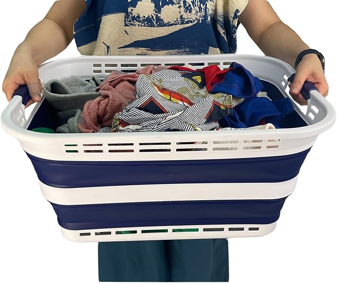 SAMMART 42L (11 Gallons) Collapsible Plastic Laundry Basket - Foldable Pop Up Storage Container/Organizer - Portable Washing Tub - Space Saving Hamper/Basket [BPA Free] (White/Starry Blue)