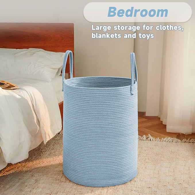 Large Woven Laundry Basket Hamper,60L Cotton Rope Storage Bin for Blankets,Toys and Clothes,Decorative Tall Nursery Hamper for Living Room,Baby Nursery,Bathroom and Bedroom,Blue