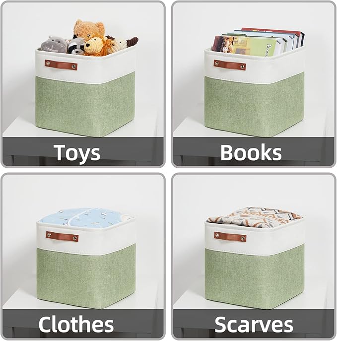 HNZIGE Fabric Storage Cubes Set of 4, 12 x 12 Decorative Bins for Shelf, Toy and Dog Toy Baskets for Kids (Green White)