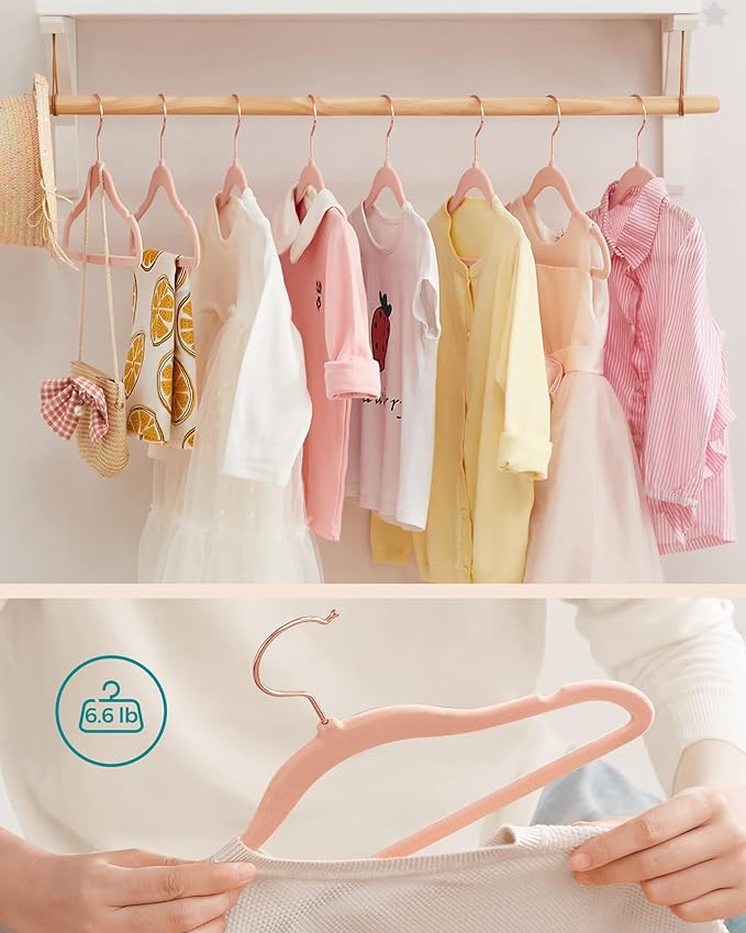 SONGMICS Baby Kids Hangers 30 Pack for Closet, 11.8 x 8.1 Inches, Rose Gold 360° Swivel Hooks, Space-Saving Clothes Velvet Hangers for Nursery, Non-Slip, Jelly Pink UCRF027P30
