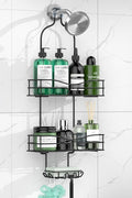 Bathroom Shower Caddy Hanging - 3-Tier Organizer with Soap Holder & 6 Hooks for Towels, Sponge; Fits 21mm Shower Head Arm, Black