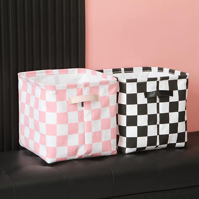 Hinwo 3-Pack Cubic Organizer Shelf Bins, Canvas Fabric Storage Baskets with Handles, 22L/5.8-Gal Square Storage Bins, Cubes, Collapsible Storage Box, 11 x 11 x 11 Inches (S, Pink Checkerboard)