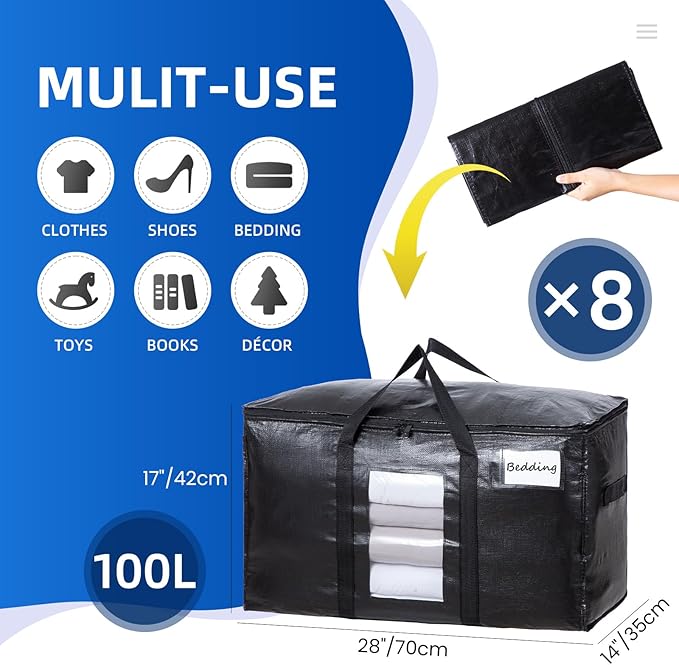 TAILI Extra Large Moving Bags, 8 Pack Black Heavy Duty Totes for Storage with Visible Window, Wrap Around Handles, Storage Bags for Space Saving, Alternative to Moving Boxes