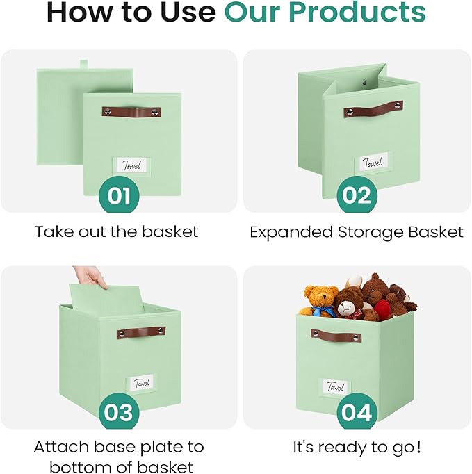 6-Pack Storage Cubes with Handles & Label Holders Basket, Closet Cube Home Organizer Bins(Green, 10.5*10.5*11 inch)