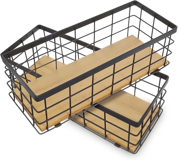 2 Pack Small Wire Baskets, Narrow Rustic Storage Bin for Bathroom Counter, Farmhouse RectangleOrganizer Tray for Kitchen Countertop, Pantry, RV, Office Decorative
