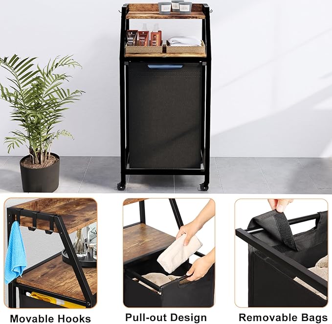 Laundry Hamper, Laundry Sorter, Rolling Laundry Basket with Wheels, 2 Shelves, 18 Gal(68L), Pull-Out and Removable Oxford Fabric Bags, for Laundry Room, Black and Rustic Brown