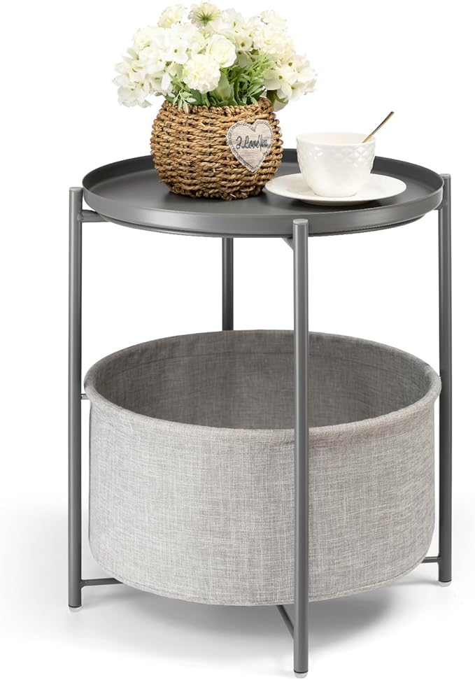 danpinera Round Side Table with Fabric Storage Basket, Metal Side Table Small Bedside Table Nightstand with Removable Tray Top for Living Room, Bedroom, Nursery, Laundry, Gray
