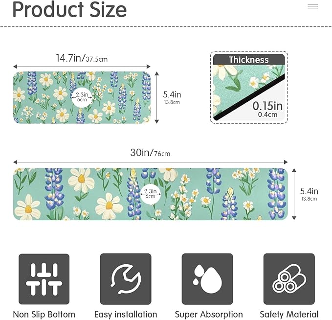 Kitchen Sink Splash Guard 1 PC 14.7 Inch Sink Faucet Mat Splash Guard for Bathroom Countertop Water Absorbent Foldable Cuttable Soft Washable Cute Green Bluebonnet and Daisies