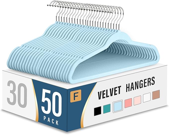 Velvet Clothes Hangers (50 Pack) Heavy Duty Durable Suit Hanger Vibrant Color Hangers Lightweight Space Saving Coat Hangers for Closet -Light Blue