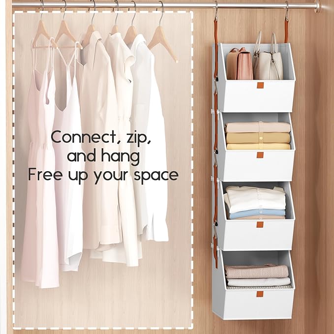 Hanging Closet Organizer 4 Tier - Clothes Hanging Shelves, Space-Saving Closet System, Fabric Storage Bins Bedroom Organization, Collapsible Baskets for Home, Dorm, Rv, White, 8 Pack
