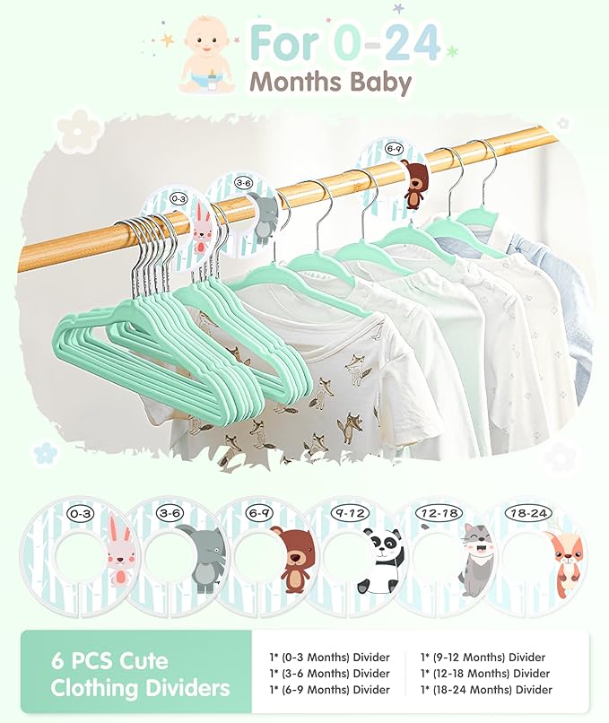 VIS'V Baby Hangers, 11 Inch Velvet Kids Hangers with 6 Pcs Clothes Size Dividers, Infant Toddler Nursery Closet Organization, Non Slip, Mint Green, 50 Pcs
