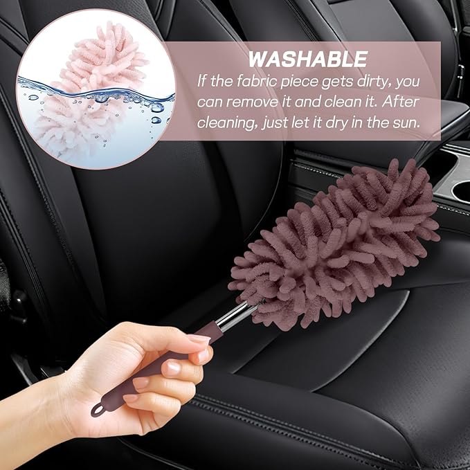 2PCS Car Interior Duster with Extension Pole, Soft Chenille Microfiber Duster for Cleaning, Scratch Free & Lint-Free, Washable Cleaning Brushes for Vehicle Details, Home, Office (Coffee)