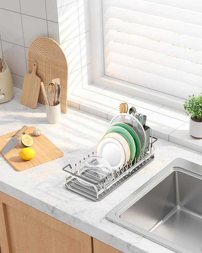 Kitsure Dish Drying Rack - Expandable Dish Rack for Kitchen Counter, Over Sink Or in Sink, Space-Saving Plates Dryer with Cutlery Holder & Drip Tray, 14.0"-20.9" L x 6.3" W x 8.0" H, Sliver