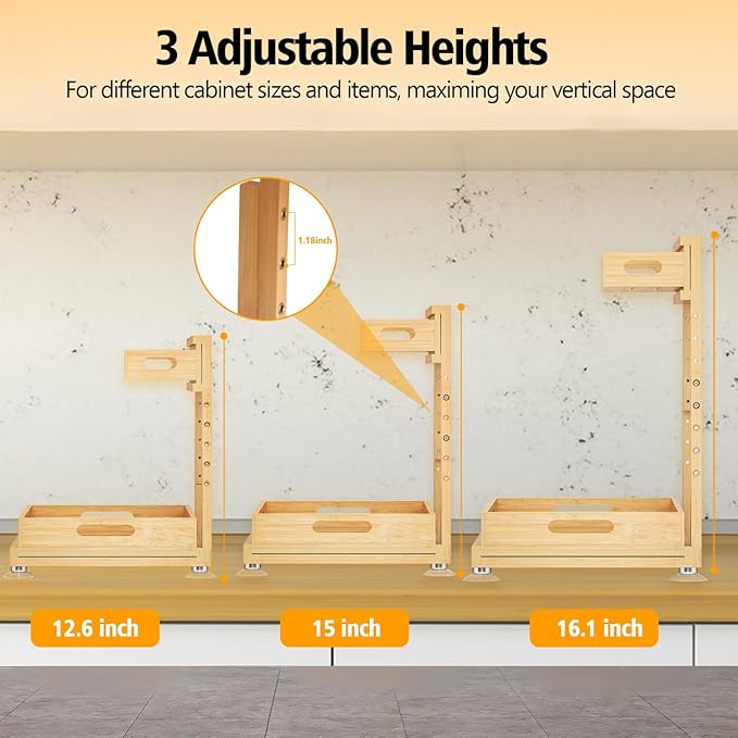 Under Sink Organizer, Pull Out Cabinet Organizer, 2 Tier Slide Out Sink Shelf Cabinet Storage Shelves, Storage for Kitchen Bathroom, Natural Premium Bamboo Wood