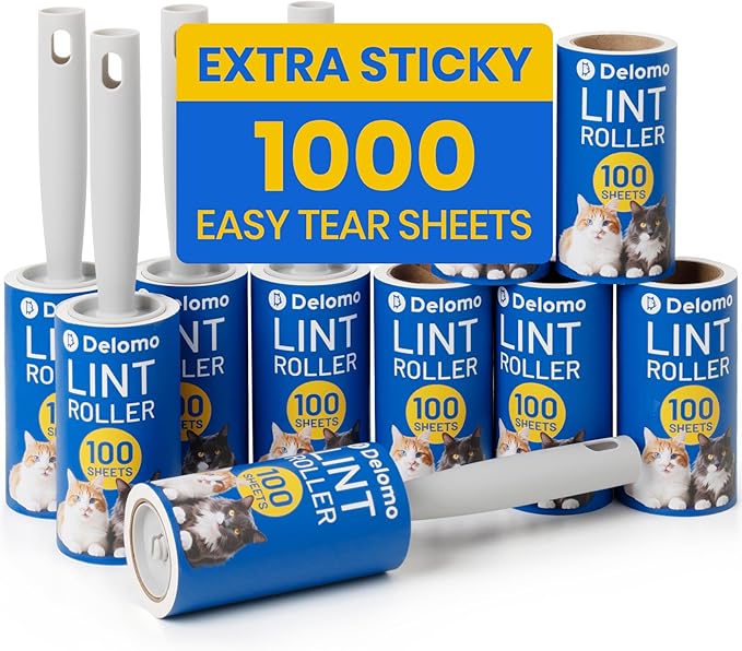DELOMO Lint Roller 1,000 Sheets (5 Rollers + 5 Refills) - Lint Rollers for Pet Hair Extra Sticky, Mega Value Pet Hair Removal Tool for Clothes/Couch/Furniture/Car - Ideal Home Gift for Pet Owners