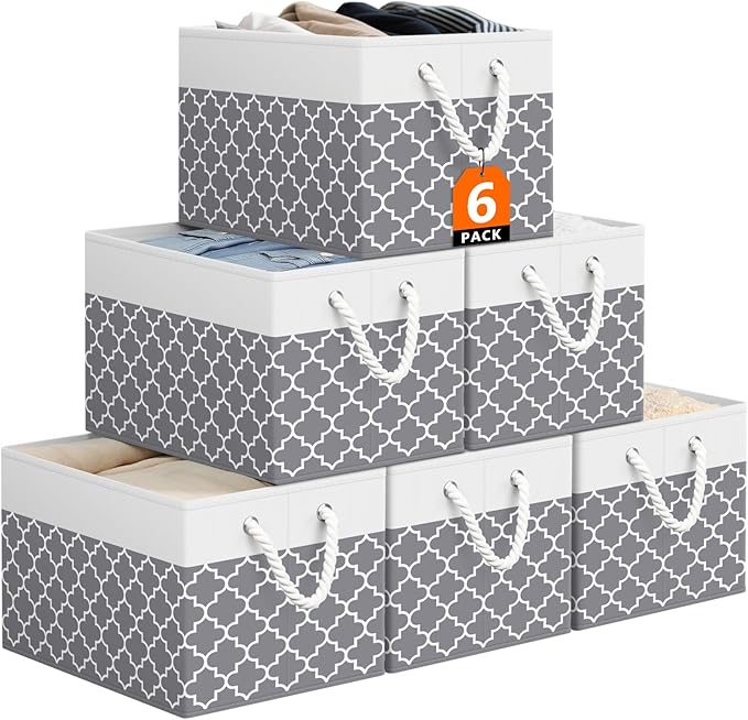 Storage Bin,Collapsible Storage Basket For Organizing,Large Storage Boxes With Rope Handles,Storage Containers,Clover Grey,6 Pack