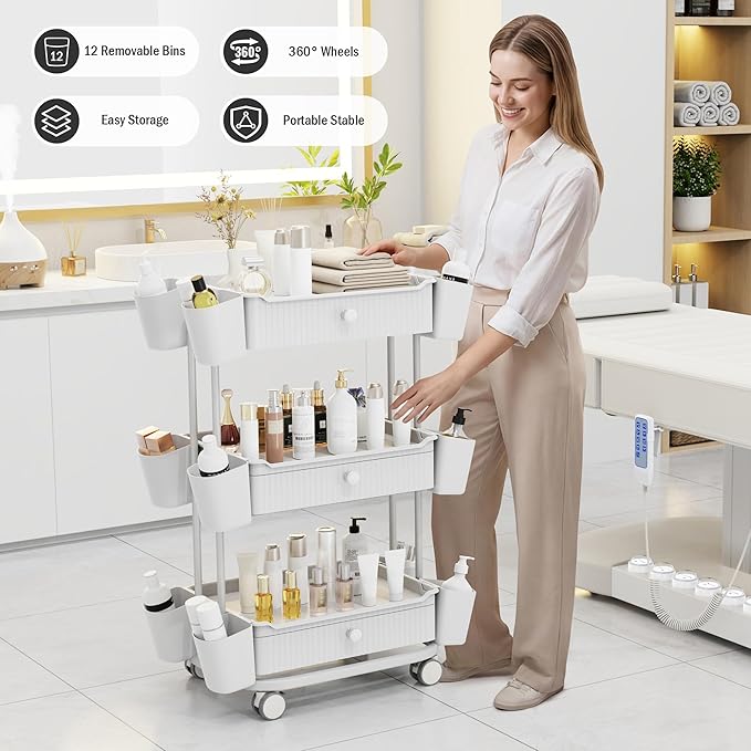 3 Tier Drawer Shelf Beauty Cart with 12 Movable Storage Organizer, Thickened Durable ABS, 360° Wheels for Salon Station for Hair Stylist, Beauty Salon, Spa Massage Parlor, Makeup Organizer - White