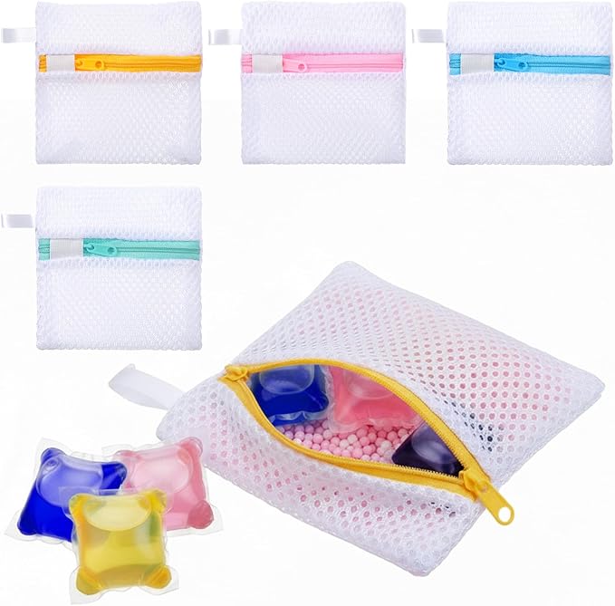 4 PCS Laundry Pod Anti-Sticking Bag, Small Mesh Laundry Bags for Delicates Mini Durable Washing Machine Laundrys Pods Dissolution Protection Foldable Wash Pouch Storage Bag for Pods Scented Beads