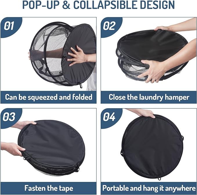 2Pcs Mesh Popup Laundry Hamper 115L Extra Large Collapsible Laundry Basket Foldable Clothing Storage Basket with Handles No Lid 26 H x 18 W x 18 L (Black)