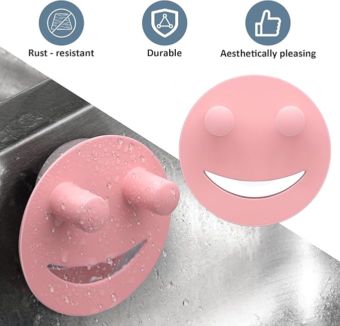 Stainless Steel Smiley Face Sponge Holder, Silver Sink Caddy Organizer Storage with Suction Cup for Kitchen, Kitchen Accessories Decor Scrubber-Pink