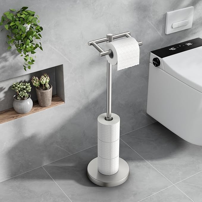 Toilet Paper Holder Stand Adjustable, Freestanding Tissue Roll Holder for Bathroom, Pivoting Design, Durable SUS 304 Stainless Steel and Weighted Base Toilet Paper Stand, Storage, Brushed Nickel